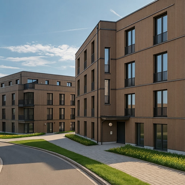 Building with wood paneling